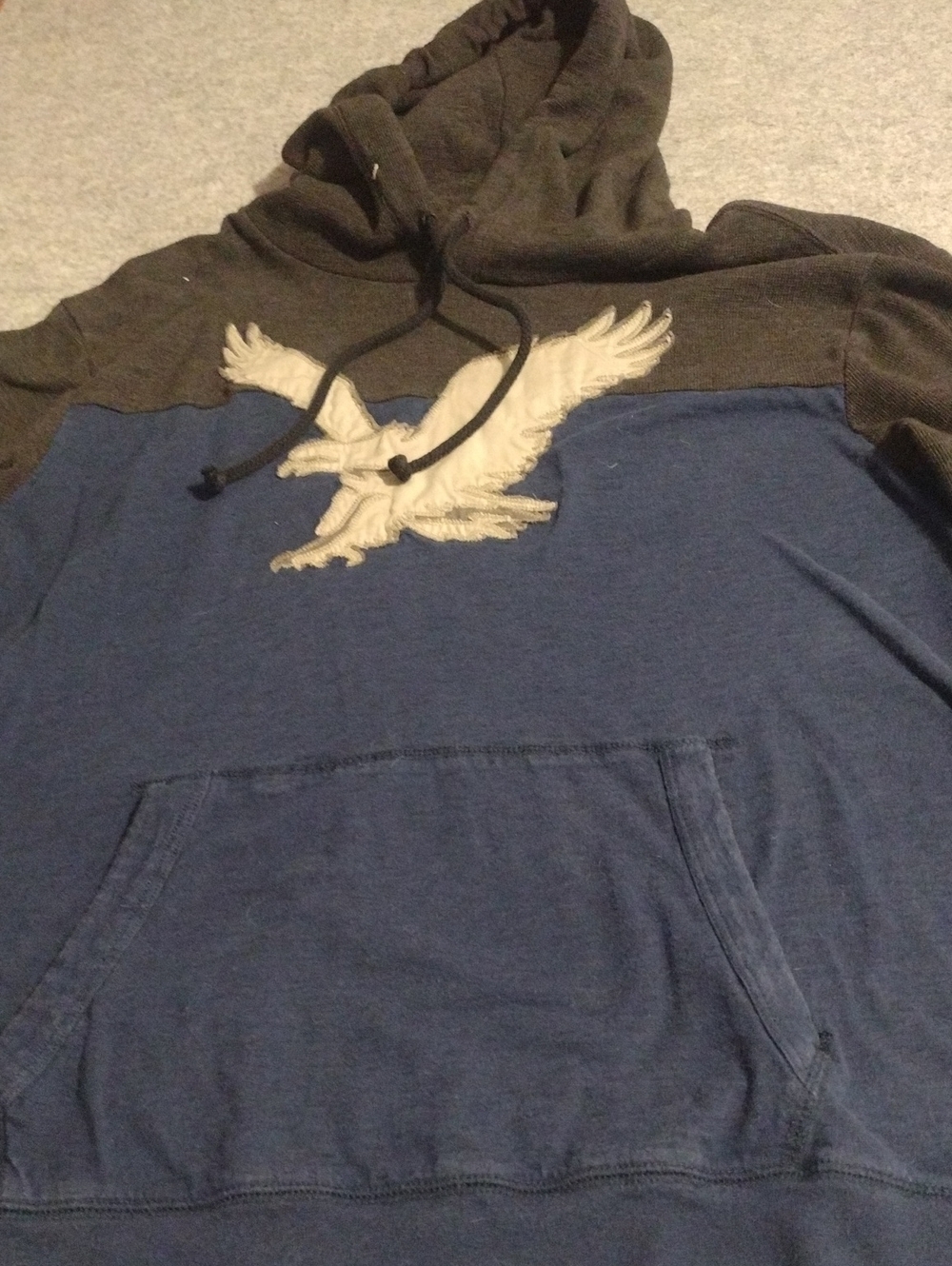American Eagle Outfitters Two-Tone Navy Blue & Brown Hoodie with Eagle Patch